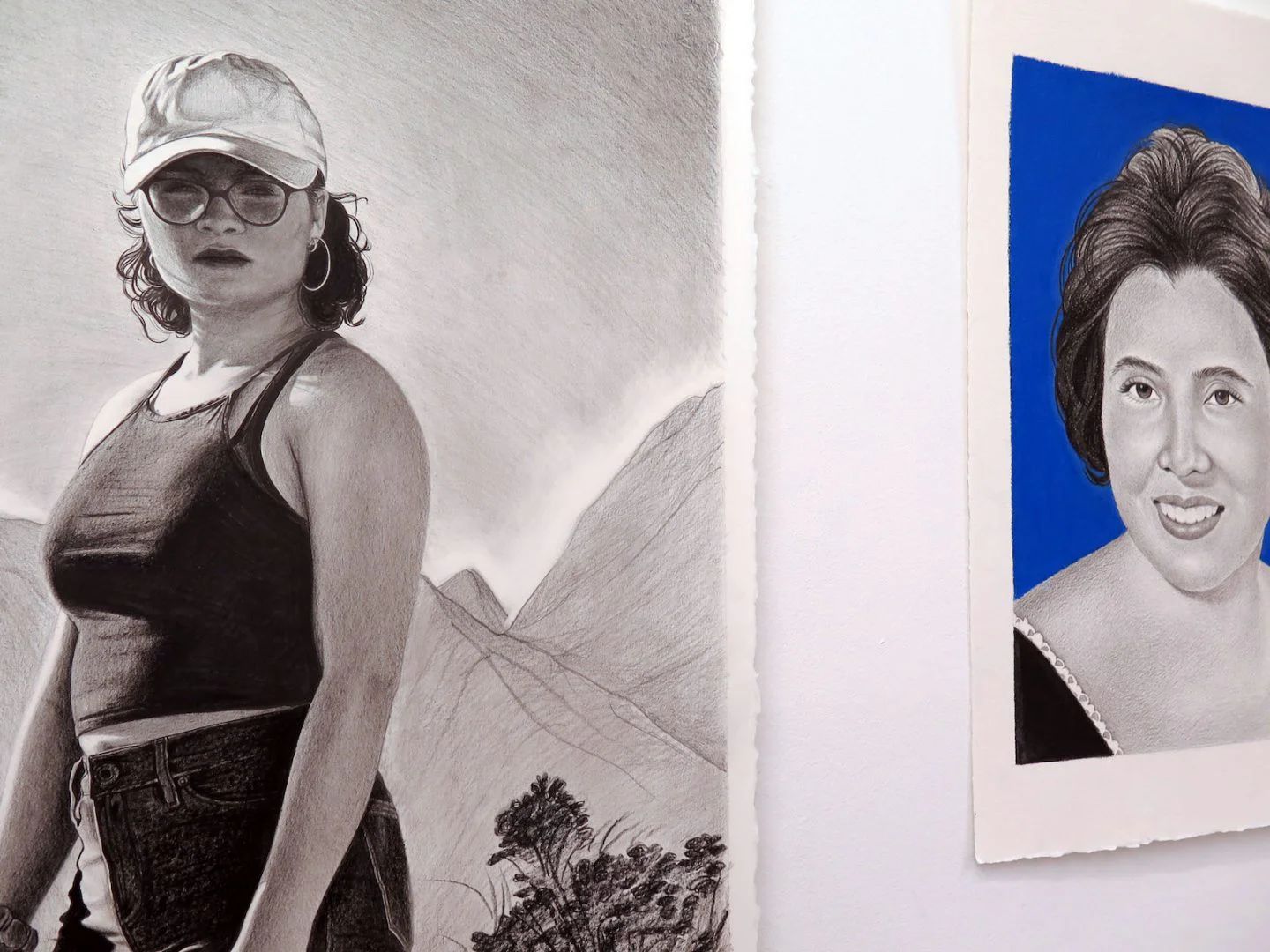 Marianna Olague, Close-up studio wall at Künstlerhaus Bethanien: En Medio, 2019, Graphite, ink, and colored pencil on paper, 30 x 22 in | Maria, 2019, Graphite ink and acrylic on paper, 22 x 15 in
