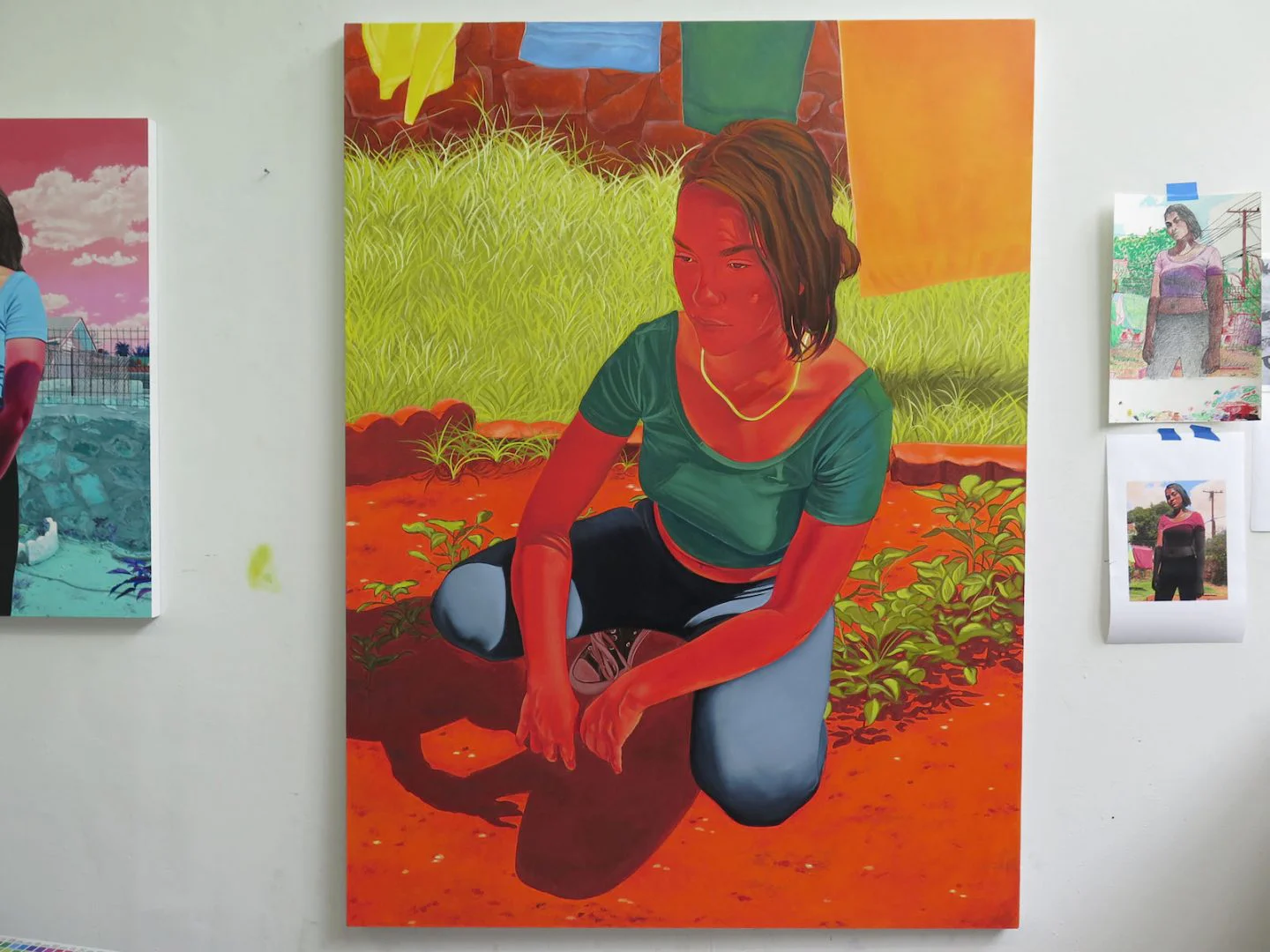 Marianna Olague, studio wall featuring the painting “In the Weeds” | In the Weeds, 2019 Oil on canvas, 72 x 54 in