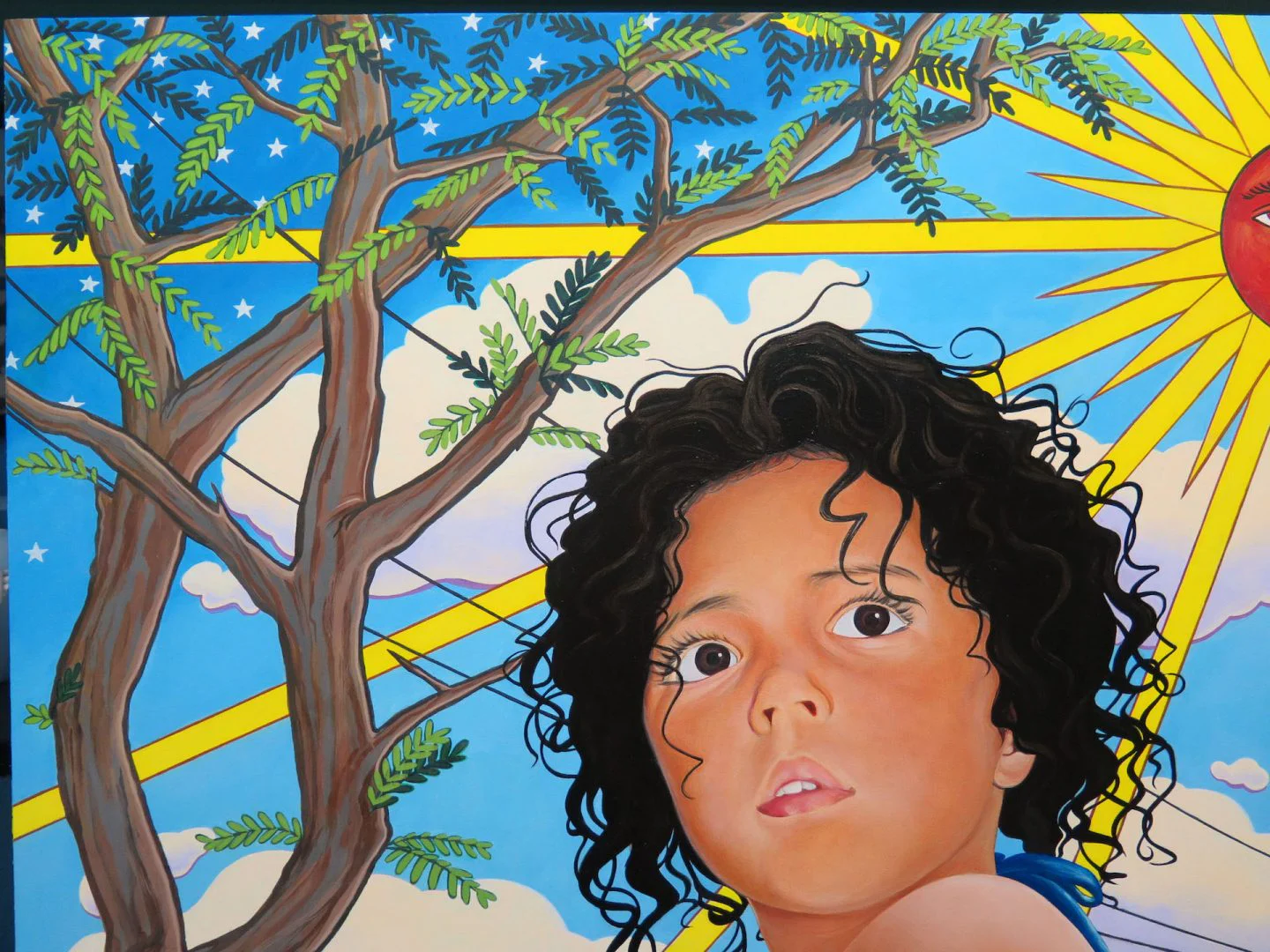 Marianna Olague, Close-up of of Hija del sol, 2018, Acrylic and oil on wood panel, 30 x 24 in