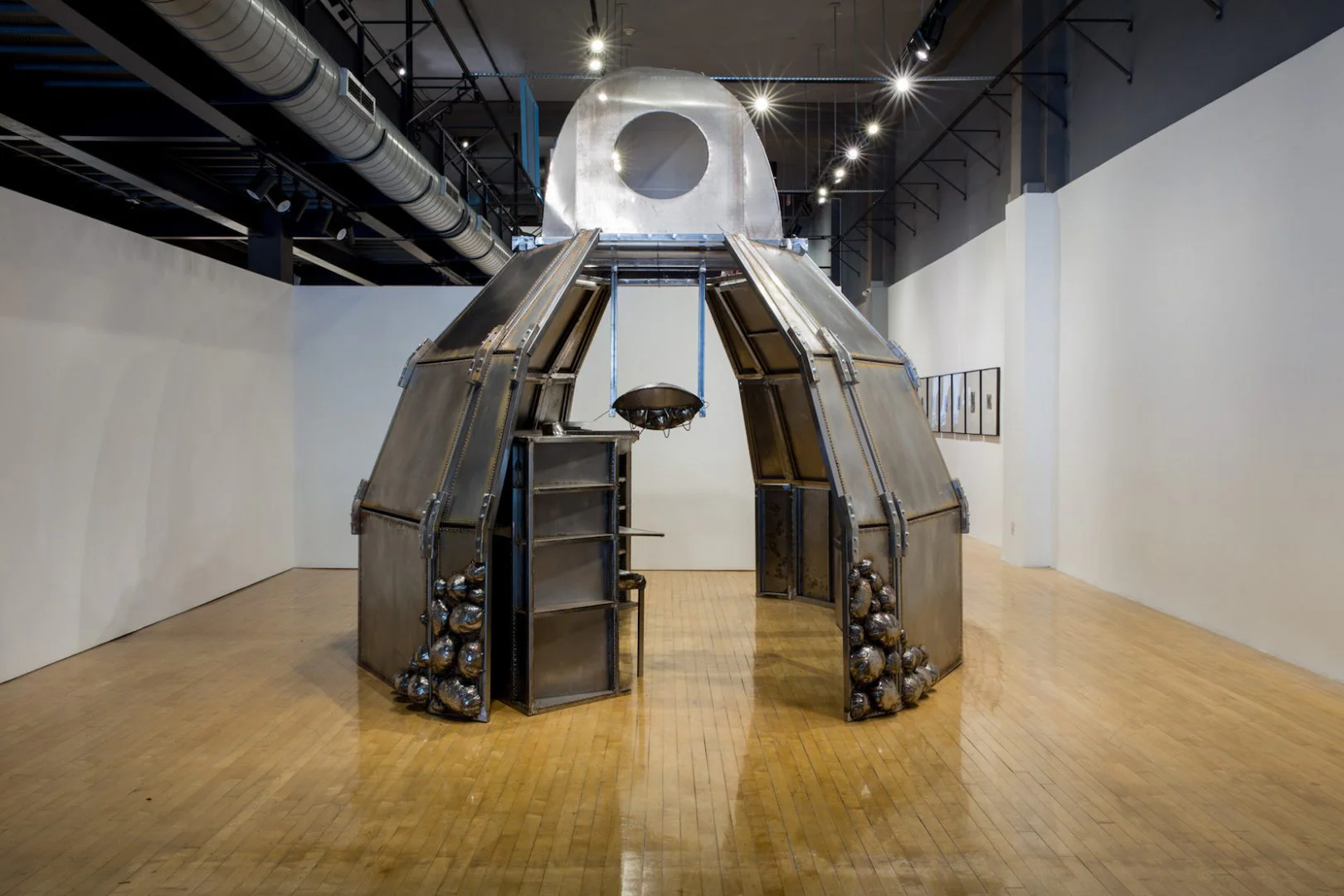 Beatriz Cortez, The Memory Insertion Capsule, 2017. Steel, archival materials on video loop. Installation view at UCR Arts, Riverside. Courtesy of the artist and Commonwealth and Council. Photo: Nikaly Maslov. 