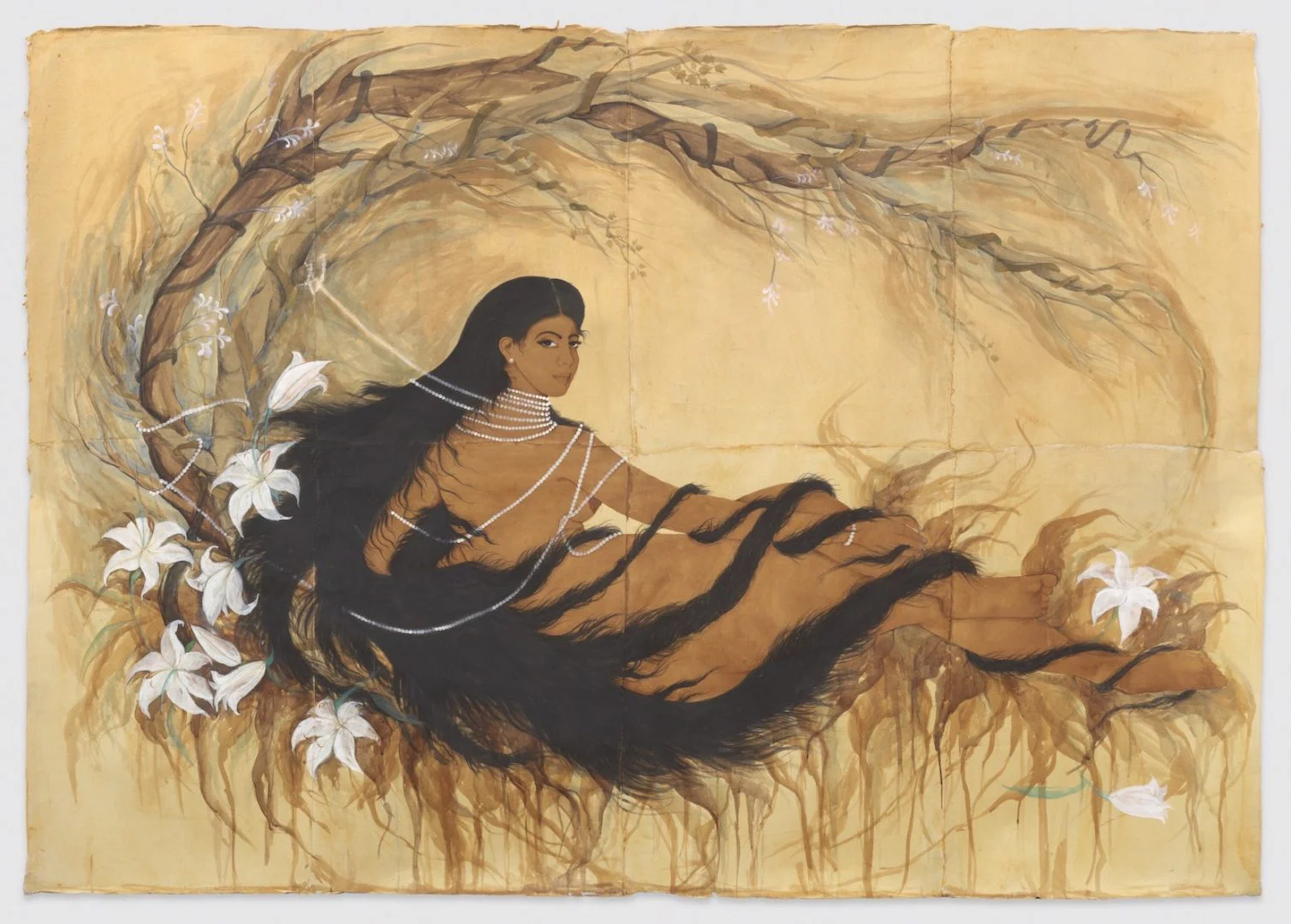 Hiba Schahbaz, Self Portrait as the great Odalisque, 2016, tea, watercolor and ink on indian paper