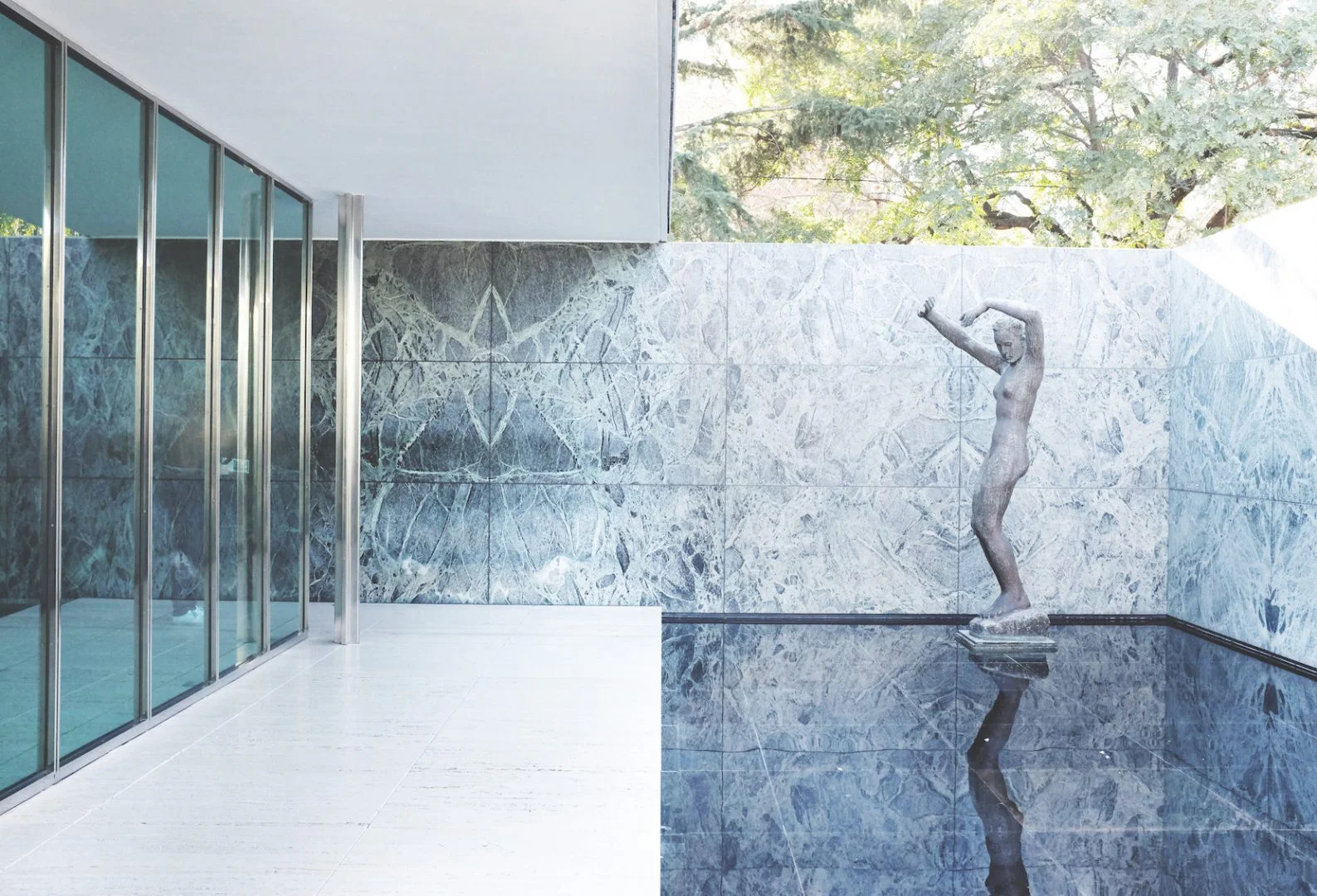 Exterior view of the German Pavilion for the 1929 World Exhibition in Barcelona
Ludwig Mies van der Rohe, architect, with Georg Kolbe's sculpture The Morning