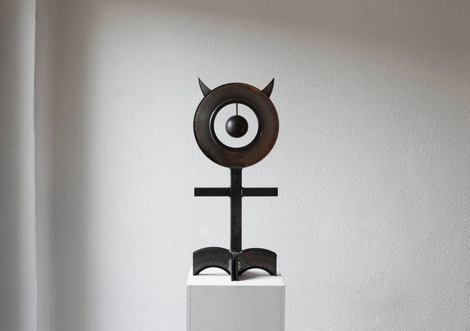 Gøneja* Spirit Monad, (2021),Totemic adaptation of an ancient esoteric symbol made with discharged automobile brakes and steel tubes, Cast iron & steel, 79 x 29 x 19 cm