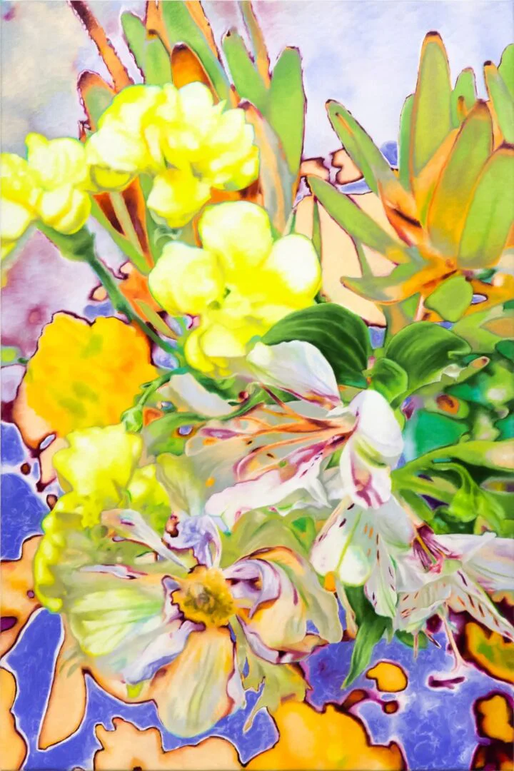 Martine Poppe,  Everyday pleasures, 2022, oil on polyester restoration fabric
100 x 70 cm ||  Late Bloomer, 2022
oil on polyester restoration fabric
90 x 60 cm