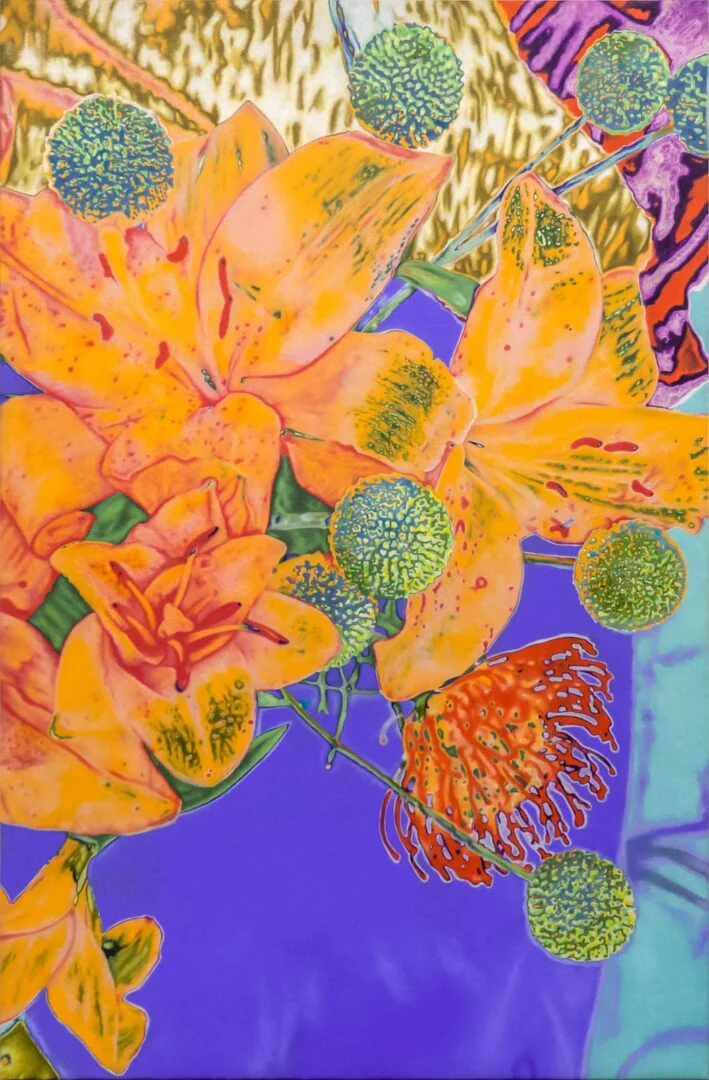  Martine Poppe:  Naked in the sand, 2023, oil on polyester restoration fabric
160 x 105 cm ||A flower challenging a rock, 2022 oil on polyester restoration fabric
160 x 105 cm