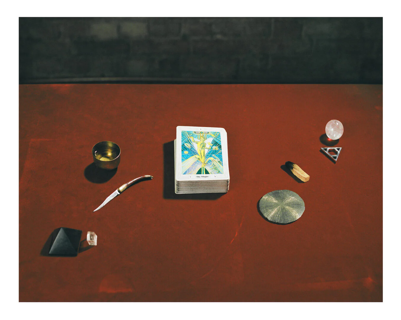 GØNEJA ✷ 9 Tarot: Thoth, (2022), inkjet print, 48 x 60 cm | Still life composition of a Thoth Tarot deck portraying “The Magus” Trump and its four elements.
